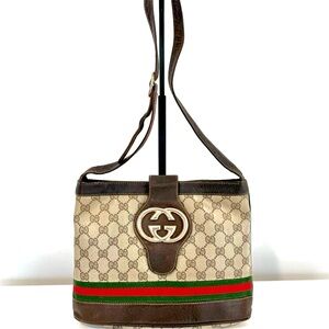 Gucci Beige and Brown Shoulder Bag with Red and Green Stripe